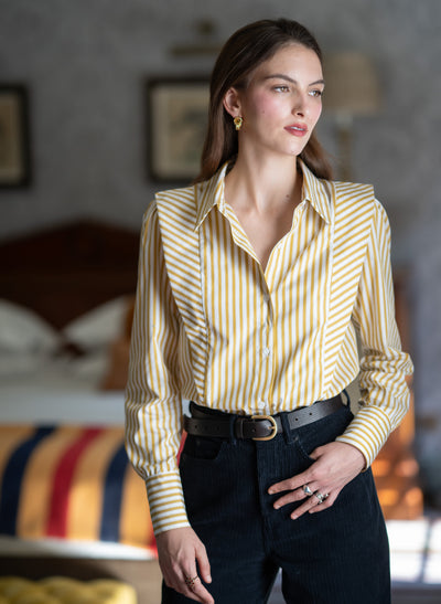 Brooke Gold & White Stripe V-Line Silhouette Tailored Cotton Shirt