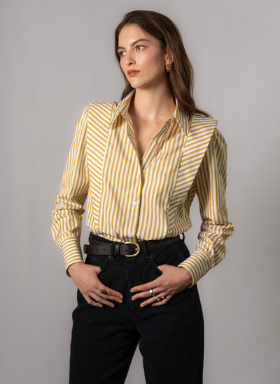 Brooke Gold & White Stripe V-Line Silhouette Tailored Cotton Shirt