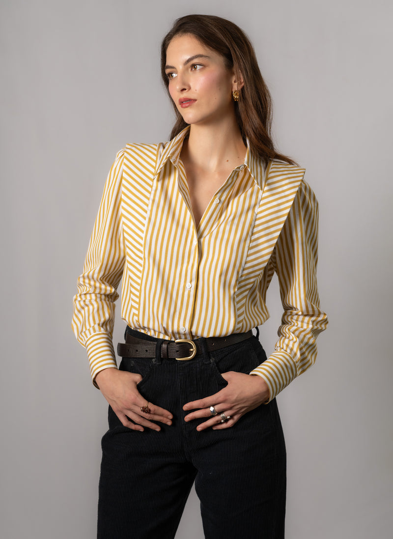 Brooke Gold & White Stripe V-Line Silhouette Tailored Cotton Shirt