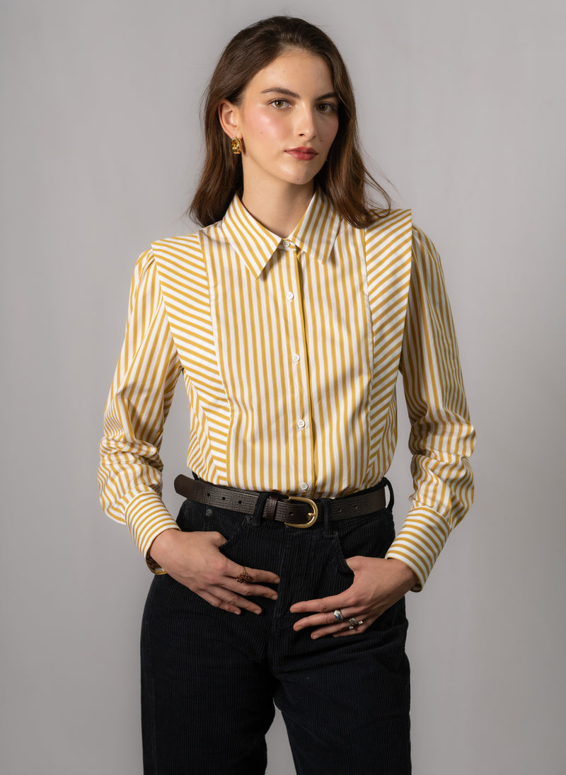 Brooke Gold & White Stripe V-Line Silhouette Tailored Cotton Shirt