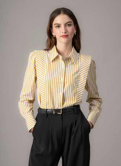 Brooke Ochre & White Stripe V-Line Silhouette Tailored Cotton Shirt
