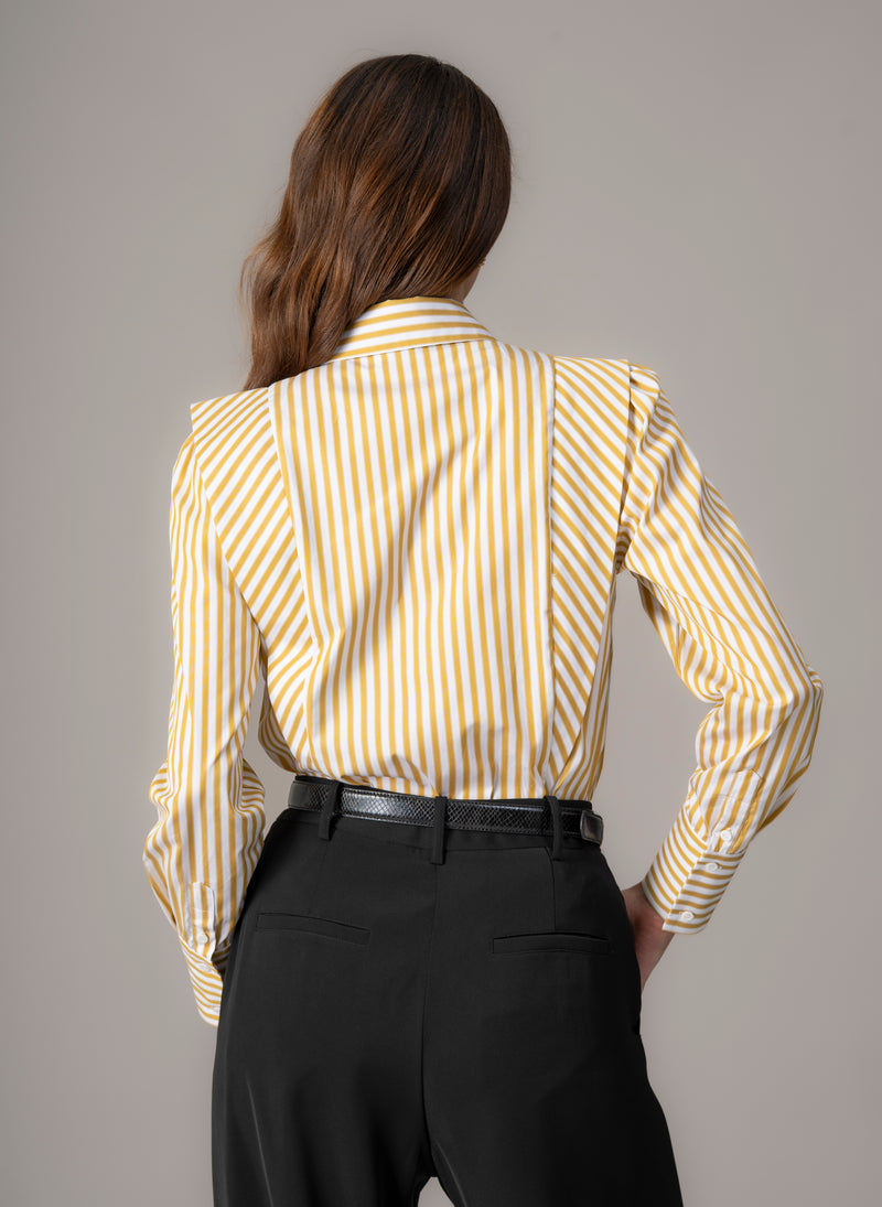 Brooke Ochre & White Stripe V-Line Silhouette Tailored Cotton Shirt