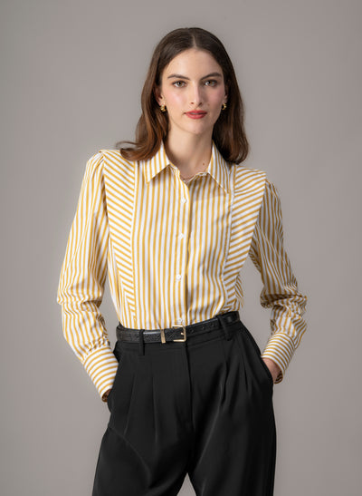 Brooke Ochre & White Stripe V-Line Silhouette Tailored Cotton Shirt