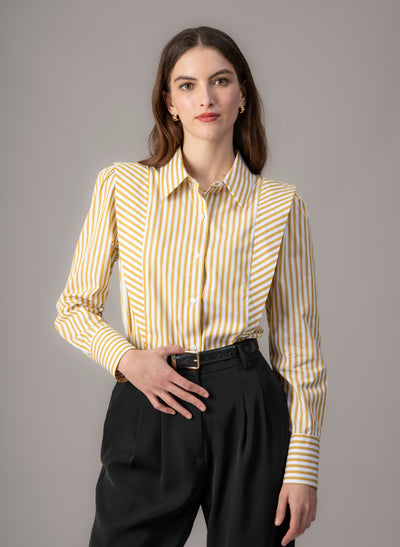 Brooke Ochre & White Stripe V-Line Silhouette Tailored Cotton Shirt