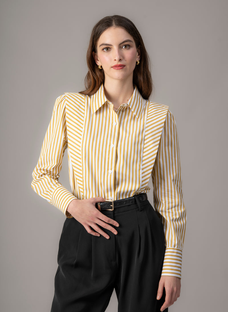 Brooke Ochre & White Stripe V-Line Silhouette Tailored Cotton Shirt