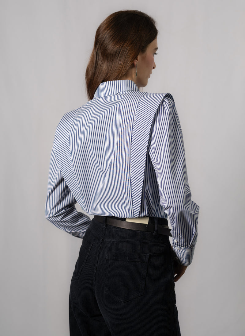 Brooke Navy & White Stripe V-Line Silhouette Tailored Cotton Shirt