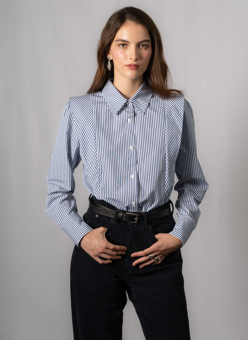 Brooke Navy & White Stripe V-Line Silhouette Tailored Cotton Shirt