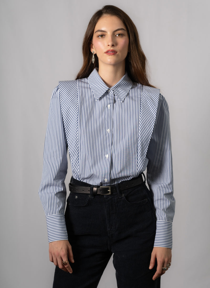 Brooke Navy & White Stripe V-Line Silhouette Tailored Cotton Shirt