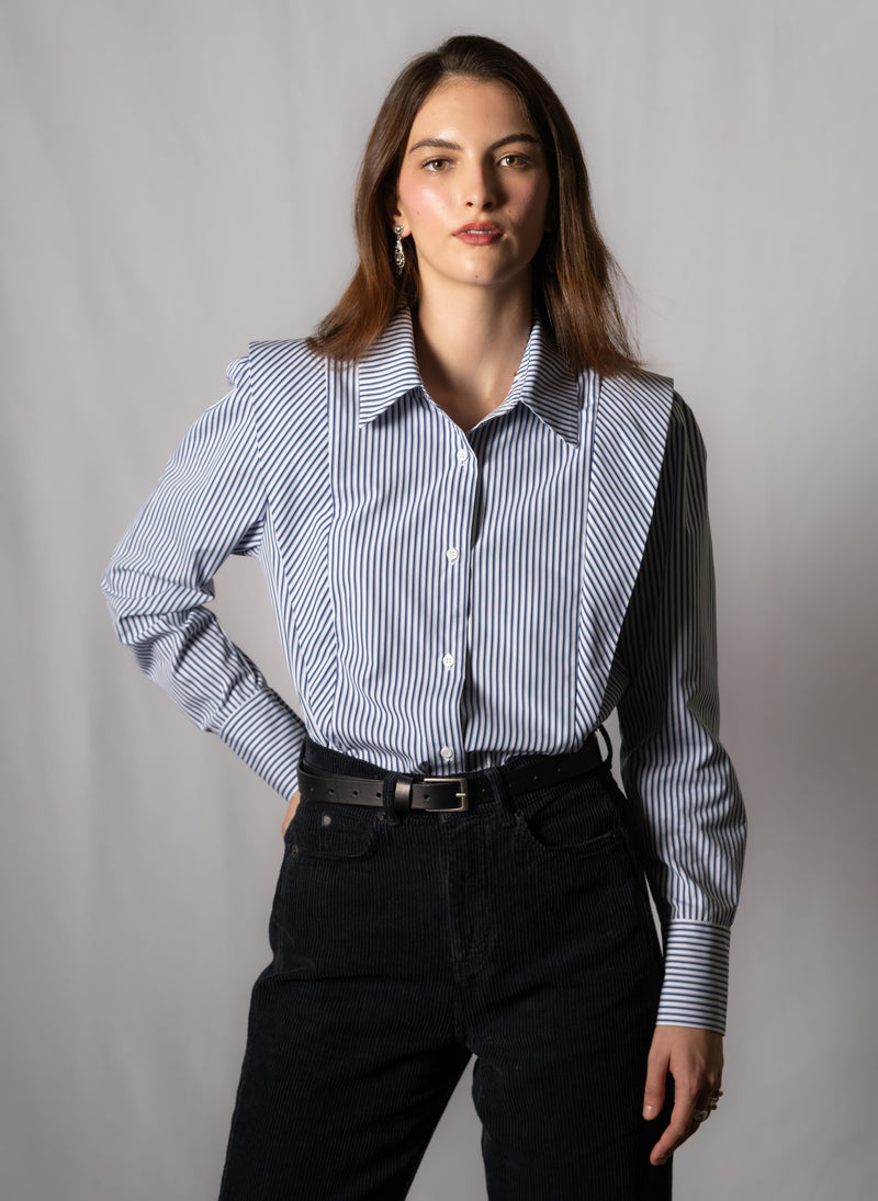 Brooke Navy & White Stripe V-Line Silhouette Tailored Cotton Shirt