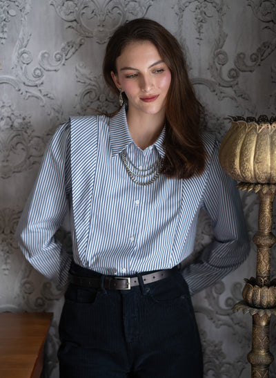 Brooke Navy & White Stripe V-Line Silhouette Tailored Cotton Shirt