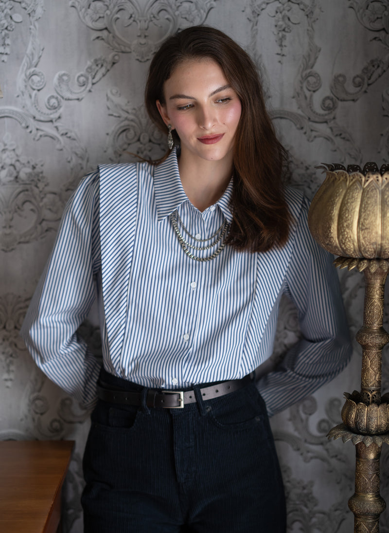 Brooke Navy & White Stripe V-Line Silhouette Tailored Cotton Shirt