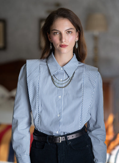 Brooke Navy & White Stripe V-Line Silhouette Tailored Cotton Shirt