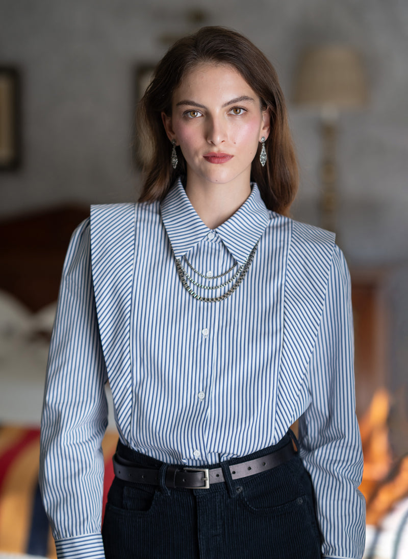 Brooke Navy & White Stripe V-Line Silhouette Tailored Cotton Shirt