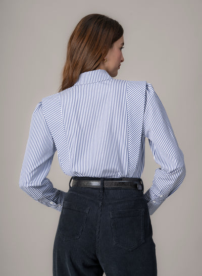 Brooke Navy & White Stripe V-Line Silhouette Tailored Cotton Shirt