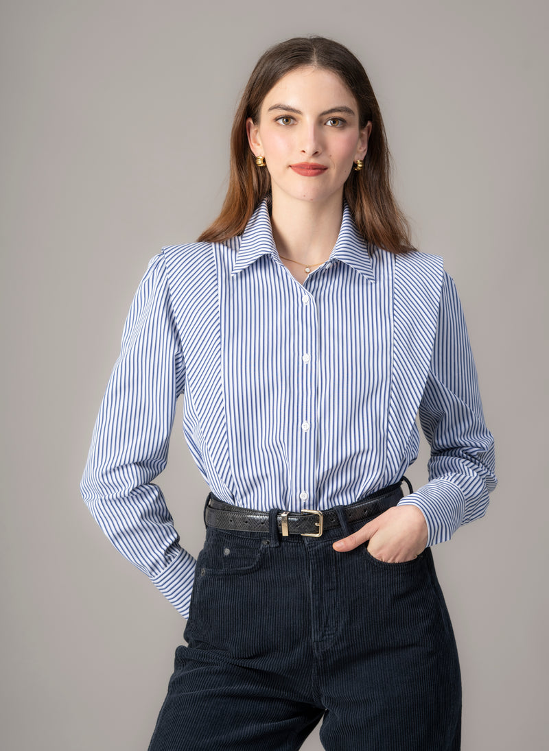 Brooke Navy & White Stripe V-Line Silhouette Tailored Cotton Shirt