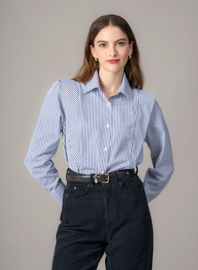 Brooke Navy & White Stripe V-Line Silhouette Tailored Cotton Shirt