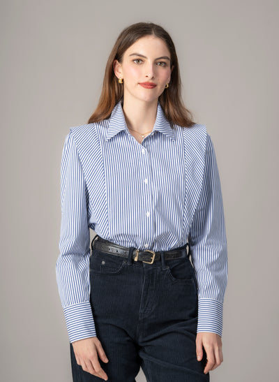 Brooke Navy & White Stripe V-Line Silhouette Tailored Cotton Shirt