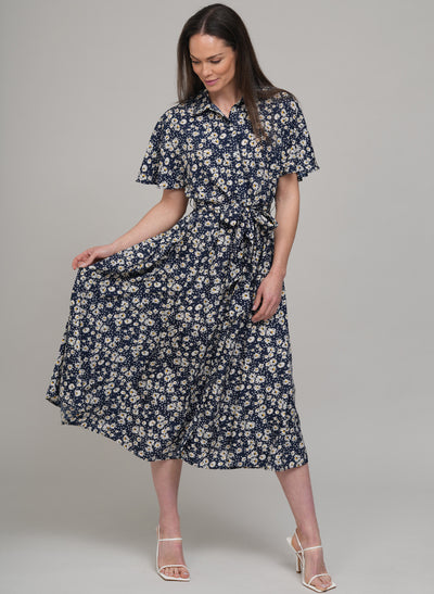CALLIE PRAIRIE FLORAL PRINT SHIRT DRESS IN NAVY