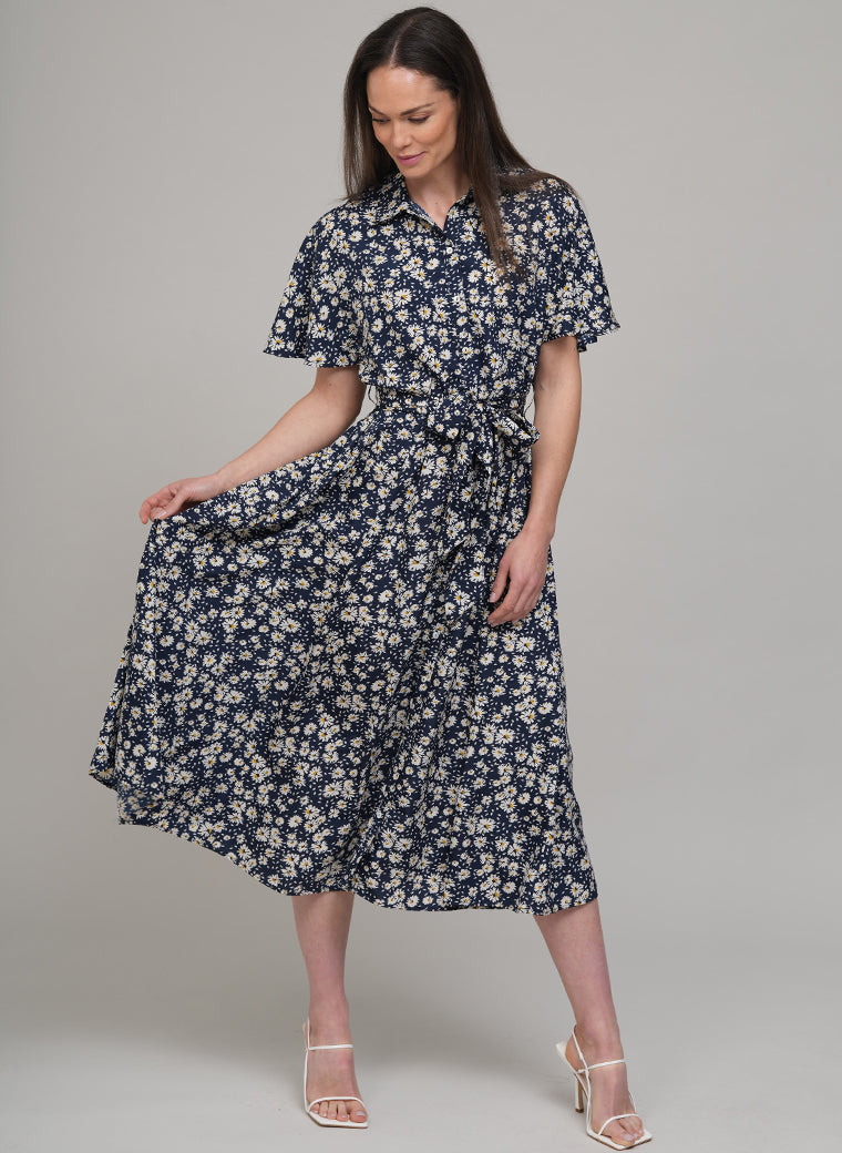 CALLIE PRAIRIE FLORAL PRINT SHIRT DRESS IN NAVY