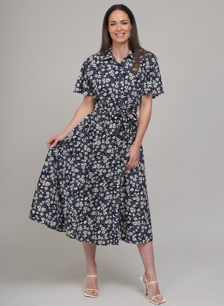 CALLIE PRAIRIE FLORAL PRINT SHIRT DRESS IN NAVY