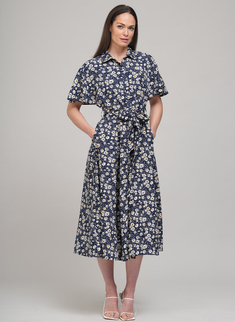 CALLIE PRAIRIE FLORAL PRINT SHIRT DRESS IN NAVY