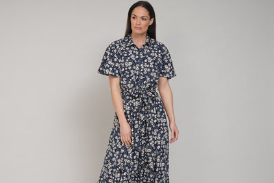 CALLIE PRAIRIE FLORAL PRINT SHIRT DRESS IN NAVY