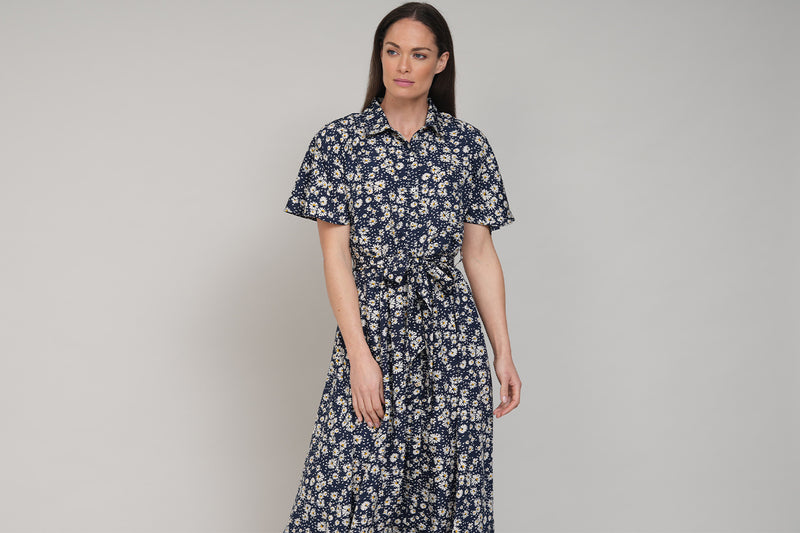 CALLIE PRAIRIE FLORAL PRINT SHIRT DRESS IN NAVY