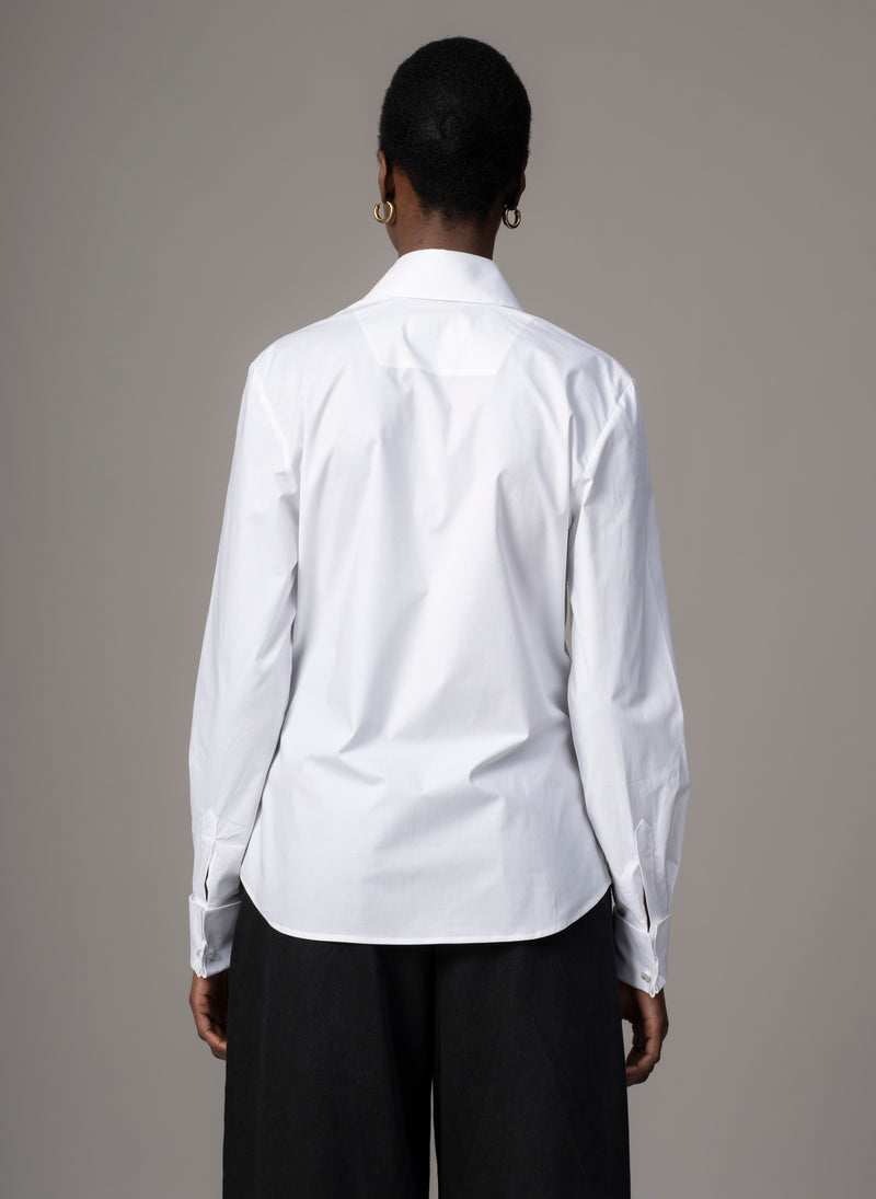 Cameron "The Classic" Semi-fit Basic Shirt with Double Cuffs in White Cotton Poplin