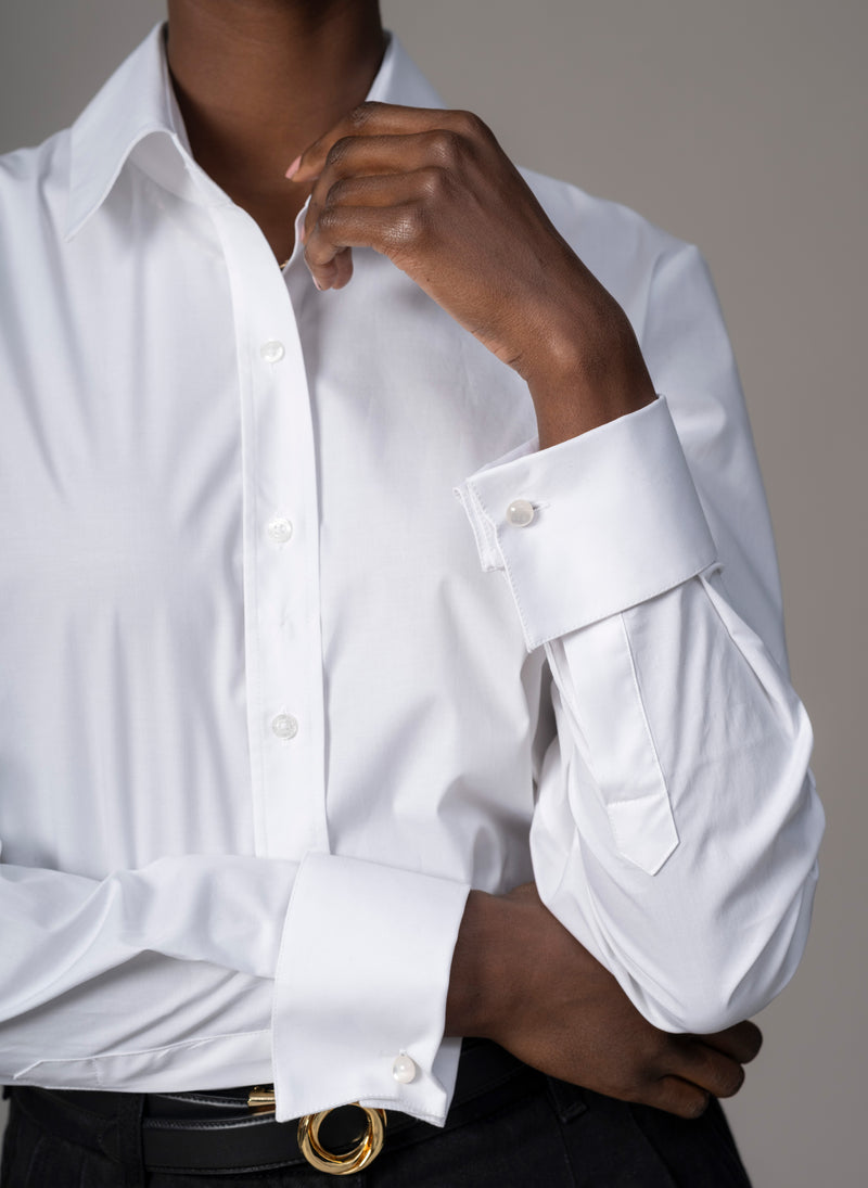 Cameron "The Classic" Semi-fit Basic Shirt with Double Cuffs in White Cotton Poplin