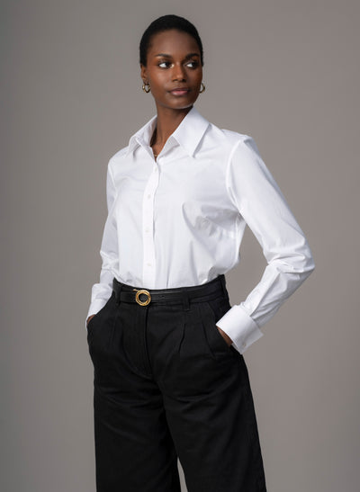 Cameron "The Classic" Semi-fit Basic Shirt with Double Cuffs in White Cotton Poplin