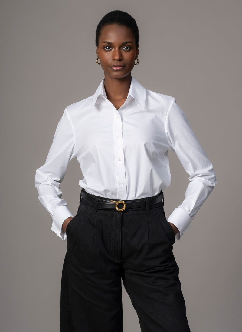 Cameron "The Classic" Semi-fit Basic Shirt with Double Cuffs in White Cotton Poplin