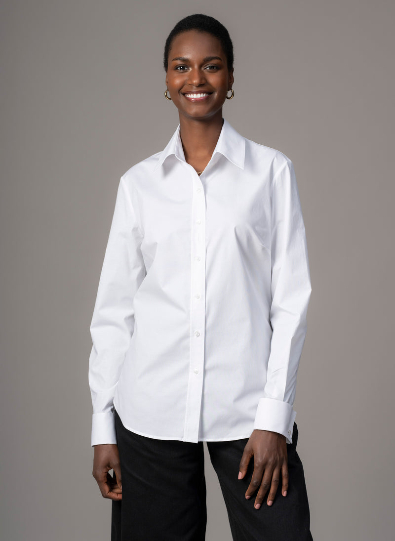 Cameron "The Classic" Semi-fit Basic Shirt with Double Cuffs in White Cotton Poplin