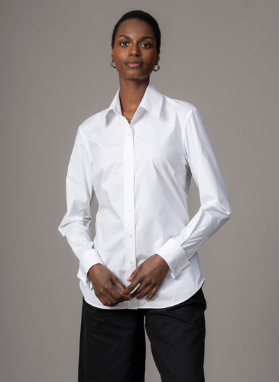 Cameron "The Classic" Semi-fit Basic Shirt with Double Cuffs in White Cotton Poplin