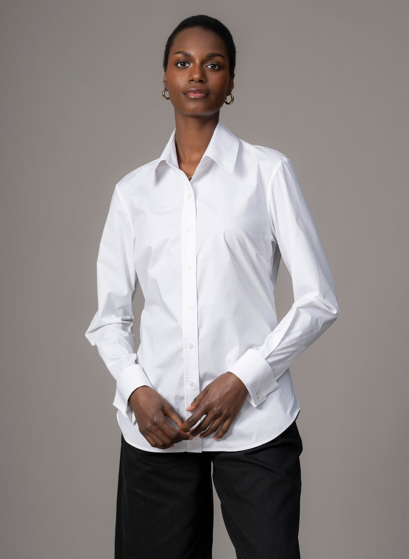 Cameron "The Classic" Semi-fit Basic Shirt with Double Cuffs in White Cotton Poplin