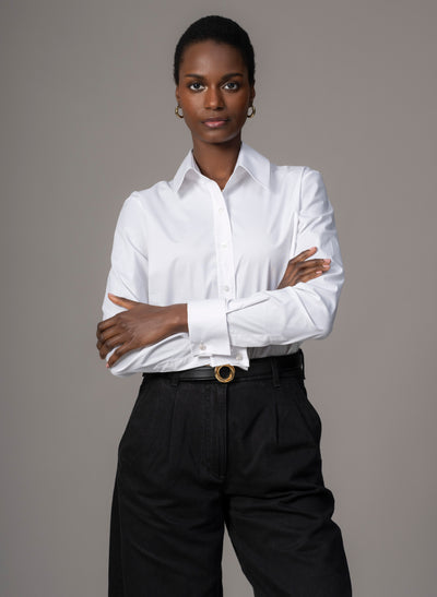 Cameron "The Classic" Semi-fit Basic Shirt with Double Cuffs in White Cotton Poplin