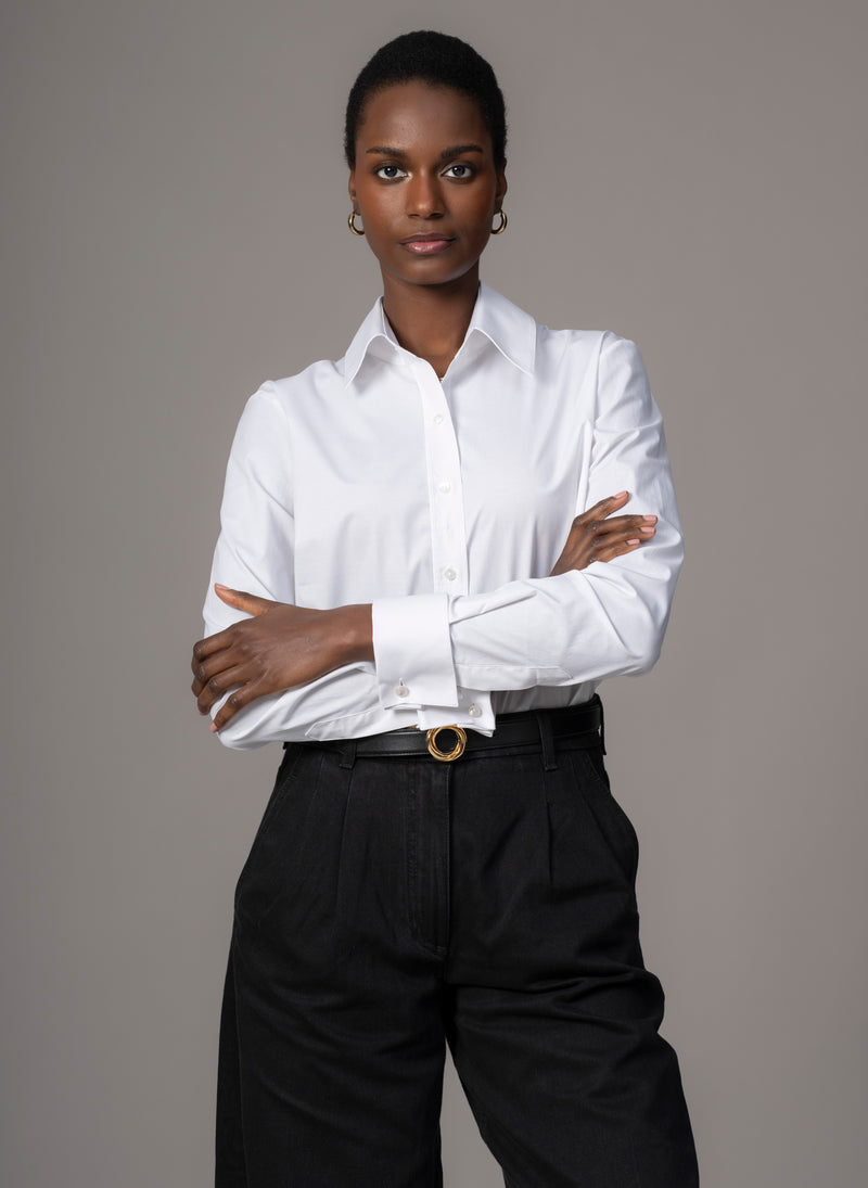 Cameron "The Classic" Semi-fit Basic Shirt with Double Cuffs in White Cotton Poplin