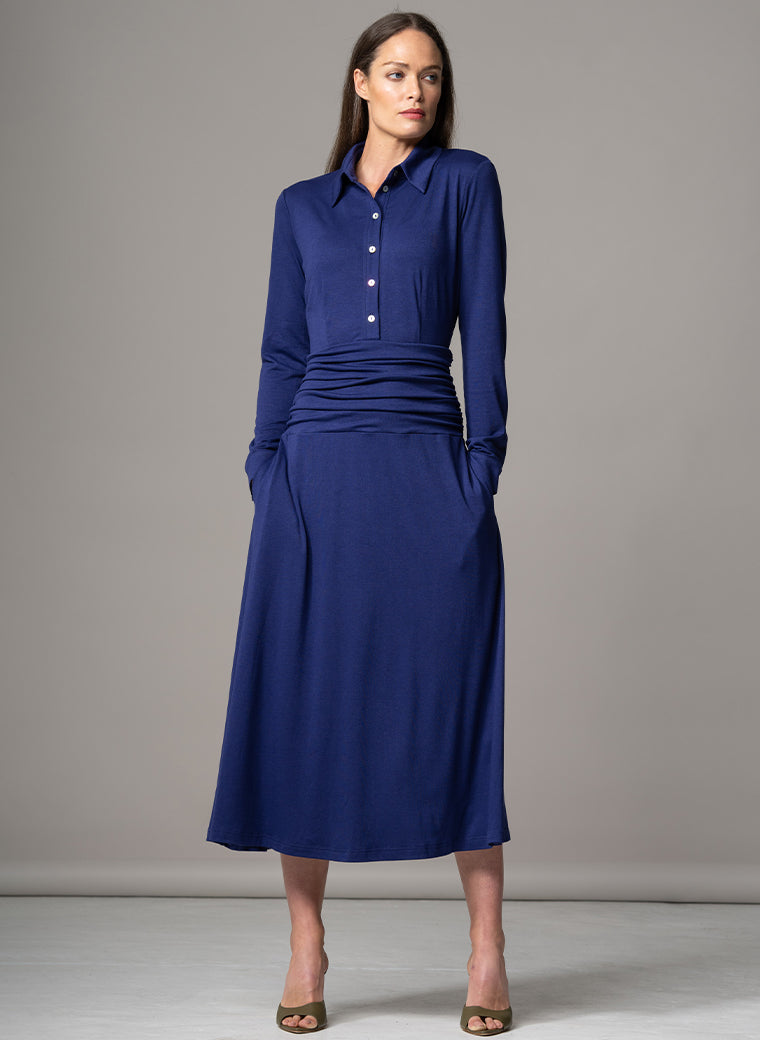 CANBERRA ROYAL BLUE GATHERED WAIST EVERYDAY JERSEY SHIRT DRESS