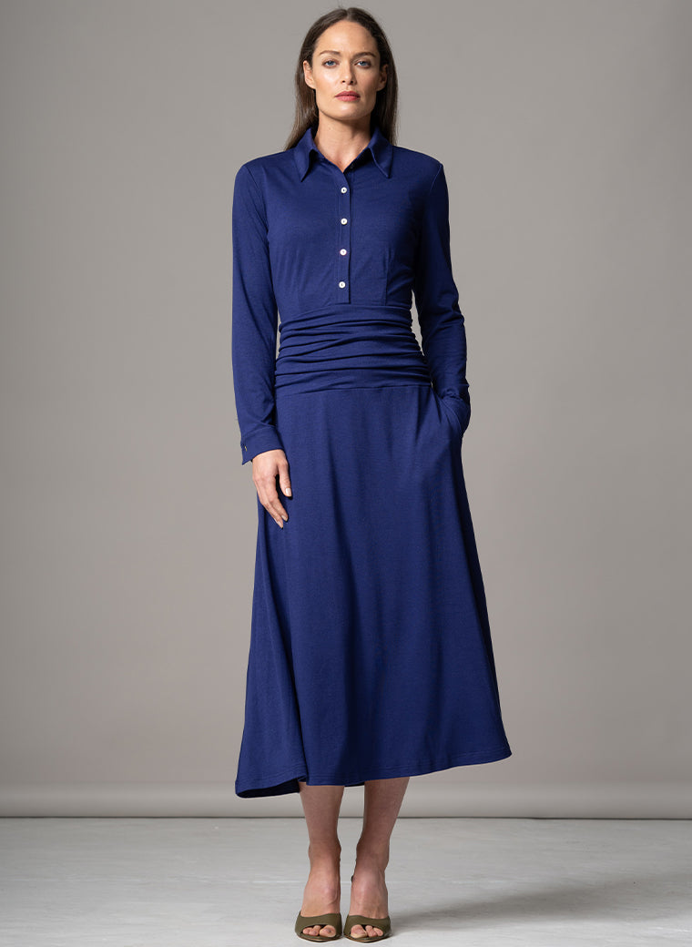 CANBERRA ROYAL BLUE GATHERED WAIST EVERYDAY JERSEY SHIRT DRESS