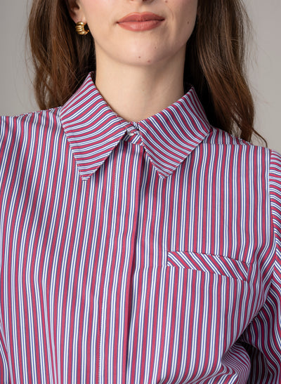 Candice Burgundy Stripe Contemporary Blouson Sleeve Cotton Shirt