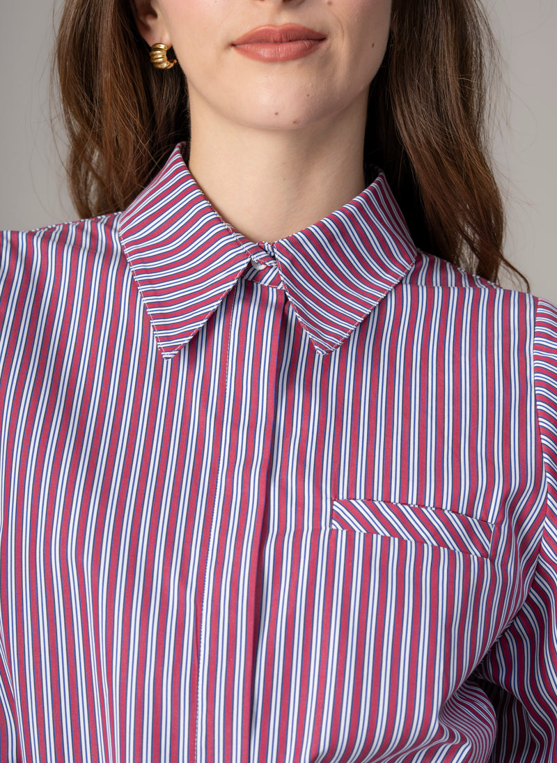 Candice Burgundy Stripe Contemporary Blouson Sleeve Cotton Shirt