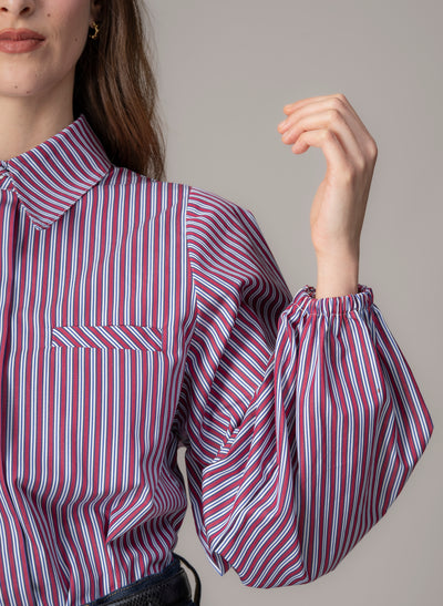 Candice Burgundy Stripe Contemporary Blouson Sleeve Cotton Shirt