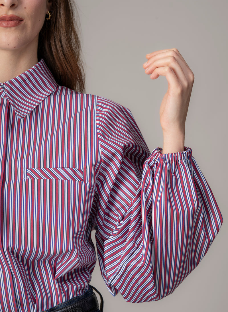 Candice Burgundy Stripe Contemporary Blouson Sleeve Cotton Shirt