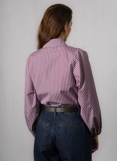 Candice Burgundy Stripe Contemporary Blouson Sleeve Cotton Shirt