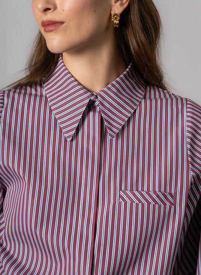 Candice Burgundy Stripe Contemporary Blouson Sleeve Cotton Shirt
