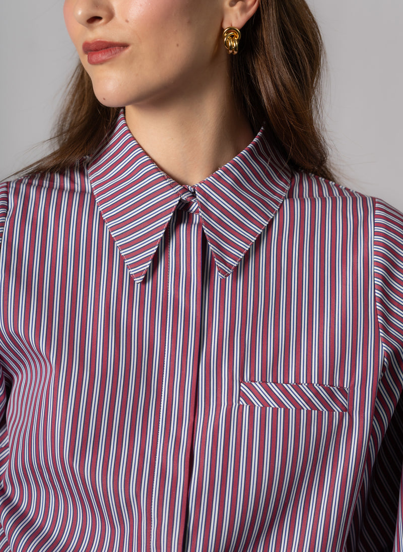 Candice Burgundy Stripe Contemporary Blouson Sleeve Cotton Shirt