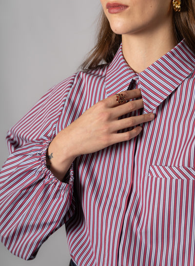 Candice Burgundy Stripe Contemporary Blouson Sleeve Cotton Shirt