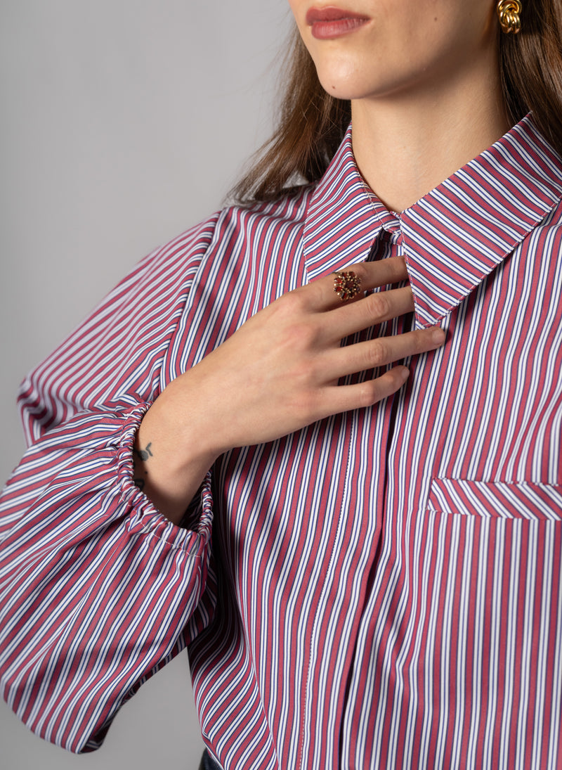 Candice Burgundy Stripe Contemporary Blouson Sleeve Cotton Shirt