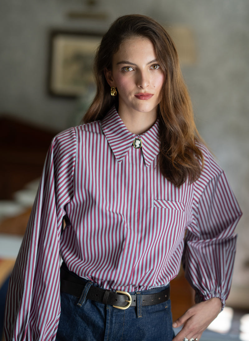 Candice Burgundy Stripe Contemporary Blouson Sleeve Cotton Shirt