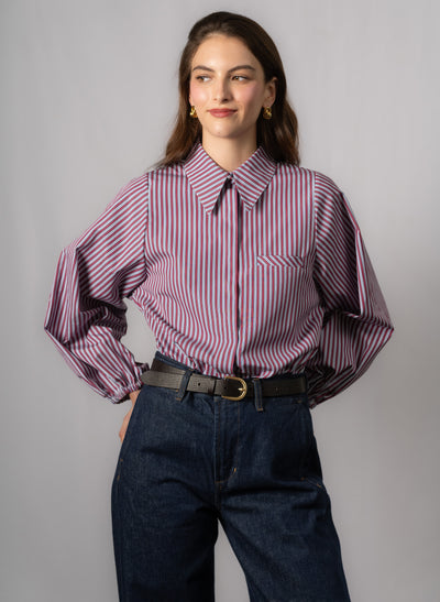 Candice Burgundy Stripe Contemporary Blouson Sleeve Cotton Shirt