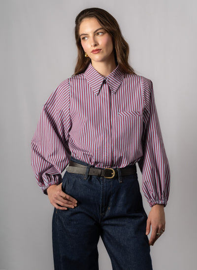Candice Burgundy Stripe Contemporary Blouson Sleeve Cotton Shirt